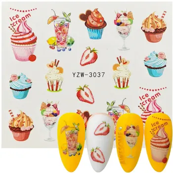 1 Лист Сладкиши, сладолед, Годишният стикер за нокти, разноцветни плодове, водни етикети 