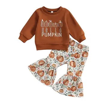 2023, Есенни комплекти панталони за Хелоуин за малки момичета, Hoody с дълъг ръкав и писмото принтом, Разкроена панталони с принтом Тиква за дете от 0 до 3 години Изображение