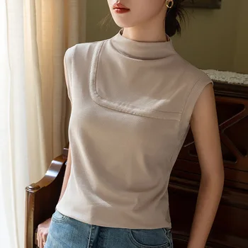 2023 нов стил, женски темперамент, однотонная тениска с полувысоким яка, дизайнерски прострочка, якето на кръста, бял Изображение