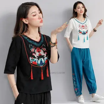 2023 подобрена китайска блуза дамски националната памучен бельо жаккардовая блуза традиционен чай с цветна бродерия hanfu blouse Изображение