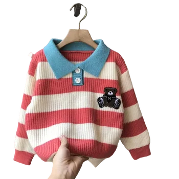 2023 Пролет Есен Корейски нов модерен пуловер за момичета и момчета, детски пуловер, вязаное плътно топло палто на райета с дълги ръкави Изображение