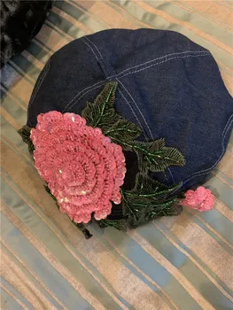202305-2509148 ins Дропшиппинг Деним Розов цвят с бродирани мъниста цветя, Луксозна дамска шапка-се грижи за жени, шапка на художник за почивка Изображение