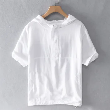 9246 Памучен бельо тениска с качулка, мъжки летни мода, къс ръкав, райе Прост основен пуловер, Ежедневни Свободна тънка бяла тениска Изображение