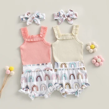 Citgeett/ Летни дрехи за новородени момичета, гащеризон без ръкави в рубчик + преливащи шорти + Превръзка на главата, комплект дрехи Изображение