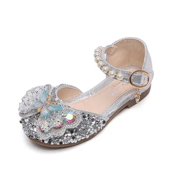 CUZULLAA/Сезон пролет-лято; елегантни ежедневни обувки за момичета с бантиком-пеперуда; Дишащи обувки на плоска подметка с перлата на мъниста за момиченца; Размер на 26-36 Изображение