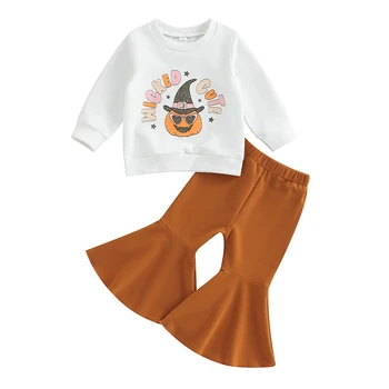 FOCUSNORM, Комплекти дрехи за малките момичета за Хелоуин от 0 до 4 години, Hoody с дълги ръкави и принтом Тиква, Блузи, Ежедневни Ластични панталони-клеш Изображение