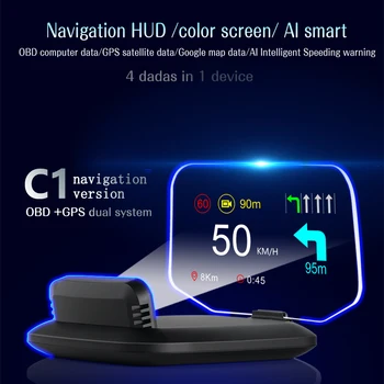 HD C1 OBD2 HUD Авто Централен Дисплей GPS Навигация Проектор Цифров Сензор за скорост КМЧ МИЛЬч Аларма превишена скорост об/мин Щепсела и да Играе. Изображение