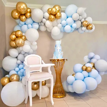 Арка от балони 100шт, Набор от Синьо-белите, сиви и златни топки, Венец, Сватба, рожден Ден, Кръщене на детето, Украса от балони за душ Изображение