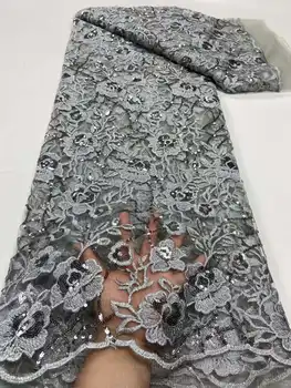 Гореща Нигерийская лейси плат 2023 сив стикер Благородна африканска лейси плат с 3D пайети френското дантелено рокля YYZ8329 Изображение