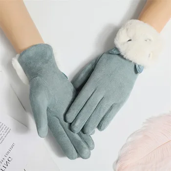 Дамски зимни дебели плюшени кожени ръкавици, Модни топли зимни дамски ръкавици за ски, Елегантни, ежедневни ръкавици за сензорен екран Изображение