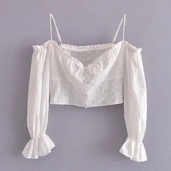 Дамски Скъпа блуза с бродерия, Ризи с дълъг ръкав, скъсяване на върховете, елегантен потник в бял цвят Изображение