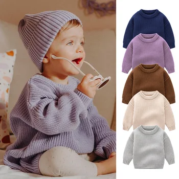 Детски пуловер, свободен пуловер с кръгло деколте за момичета и момчета, есенно-зимни детски пуловер 2022 г., вязаный пуловер, детски дрехи, пуловер Изображение