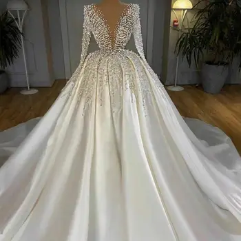Дълбоко V-образно деколте, Топката Принцеса рокля с Дълъг ръкав на Сватбена рокля, расшитое Перли, Дубайское Атласное Сватбена рокля 2024 Изображение