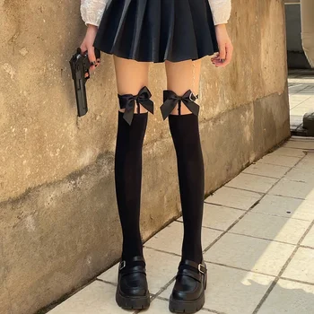 Дълги чорапи за момичета JK Lolita Дамски чорапи в японски стил Kawai, чорапи до бедрото, с лък, лоскутные прозрачни черни чорапогащи до коляното Изображение