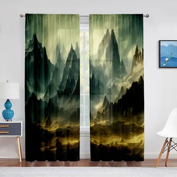 Завеса с фантастични планински пейзаж, абстрактна полиестерен плат Pongee, Модерна душ завеса за спалня, кухня, домашен интериор, 2 панела Изображение