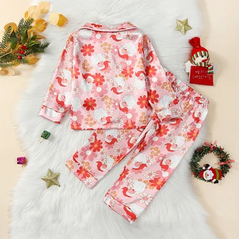 Коледна пижама за момиченца с флорални принтом Дядо Коледа, Блузи с дълги ръкави и ревери, Панталон с еластична талия, Дрехи за сън, Облекло Изображение