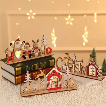 Коледна украса многоцветен старец, снежен човек, елен, дървени светещи ажурни творчески интериорни игри на дребни украшения, подаръци Изображение