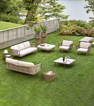 Комбинация от градински мека мебел, тераса във вътрешния двор, мебели от ратан за отдих на открито, стол от ратан за тераси, диван от ратан, от алуминиева сплав Изображение