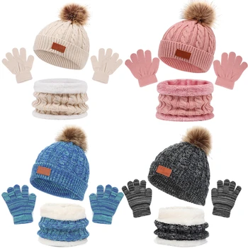 Комплект зимни топли трикотажни бебешки шапки и шалове, 3 бр., ръкавици, Памучен шапка с помпоном за деца, Шалове, ръкавици за деца, аксесоари Изображение