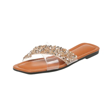 Летни Чехли за баня с декорация във формата на кристали, Ежедневни Дамски обувки на нисък ток, Плажни дамски чехли за почивка на по-Големи Размери, Zapatillas Mujer Изображение