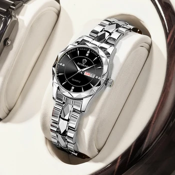 Луксозни Дамски часовник POEDAGAR, Висококачествени Дамски кварцови часовници с диаманти, водоустойчиви дамски часовници с дата от неръждаема Стомана reloj + кутия Изображение
