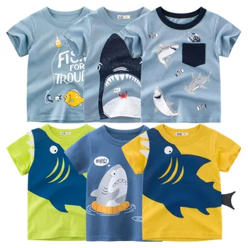 Лятна тениска 2023 г., Тениски с шарките на акули за момчета, Детски дрехи, памучни блузи с къс ръкав и кръгло деколте, Директна доставка Изображение
