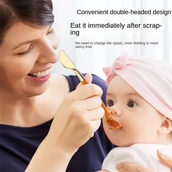 Мека Силиконова Лъжичка за хранене на бебето, лъжица цвят карамел, Бебешки храни, Бебешки Лъжици, Прибори за хранене, прибори за хранене Изображение