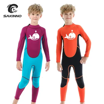 Нов 2,5 мм неопреновый водолазный костюм, Детски едно парче слънцезащитен трико с дълъг ръкав, Плажен топъл костюм за сърф, бански костюми Изображение