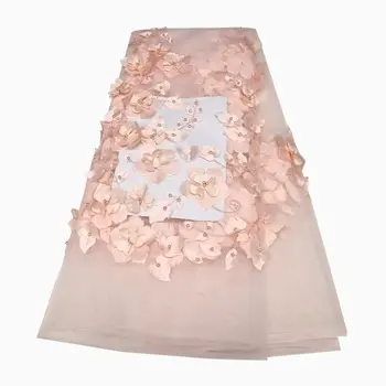 Нова луксозна розова лейси плат с 3D цветя в африканския стил, расшитая мъниста, френска лейси плат, апликация от Дубай, тюл, дантела, сватбена/вечерна рокля дантела Изображение