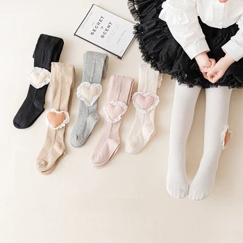 Нови чорапогащи за момичета, Трикотажни памучни Есенни Чорапогащник със сърца за момичета, Детски Чорапогащи с висока талия, Гамаши за малки момичета Изображение