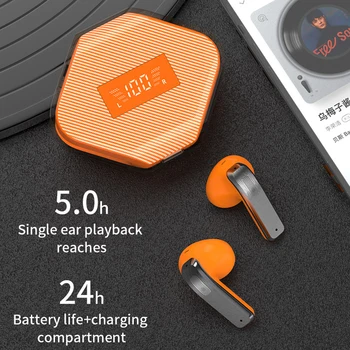 Оранжеви слушалки True Wireless Bluetooth с двойно ухо, Дигитален дисплей, вграден кабел за зареждане отделение с Двоен микрофон, намаляване на шума на повикване Изображение