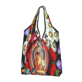 Пазарска чанта на Дева мария от Гуадалупе, Дамски чанти-Тоут, Преносима Мексико Дева Мария, Мексикански Цветя, Чанти за пазаруване, Тильма, хранителни Стоки, Чанти за пазаруване Изображение