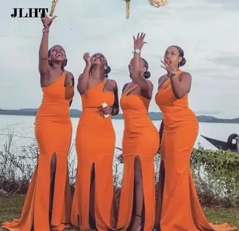 Плюс Размер Оранжеви Дълги Рокли на Шаферките Русалка 2023 с едно рамо С Намаляване на Африканска жена в Сватбена рокля Vestidos Изображение