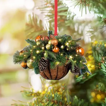 Празнична подвесная кошница, многократна употреба украса на Коледна елха, 5 бр. Дървени висящи кошници с шнурком, изкуствен топчета зелен цвят на растенията Изображение