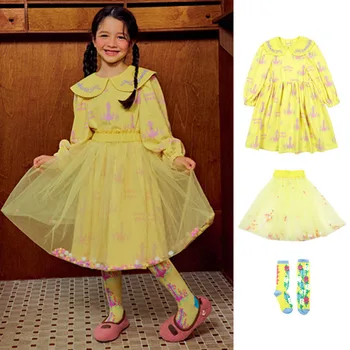 Рокля за момичета, Новост Есента 2023, Модни корейската версия на детски рокли с принтом, Памучно Сладка рокля на Принцеса, Детски дрехи Изображение