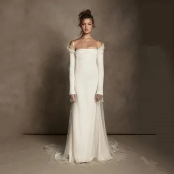 Сватбени рокли Verngo 2023, Женски шифоновое Сватбената рокля на тънки спагети презрамки с Дълъг ръкав на Сватбена рокля с дължина до пода, Vestidos Do Новия Изображение