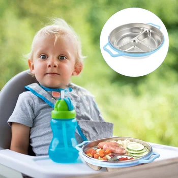 Сервировочный тава от неръждаема стомана, С табела, рамка и Капачка на капака на контейнера, Панел от неръждаема стомана, Детско ястие за малки деца Изображение