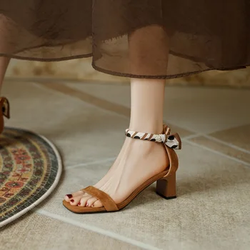 Френски Реколта Сандали на висок ток в ивица с отворени пръсти, Дамски сандали на дебел ток 2023, Лятна Нова Стилна Универсална обувки на висок ток J-G75 Изображение