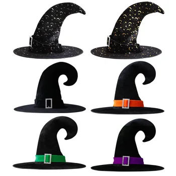 Шапка вещица-магьосник, шапка вещица с остри рюшами на Хелоуин, шапка вещица с катарама за костюмированной парти за Хелоуин, училище ролеви игри Изображение