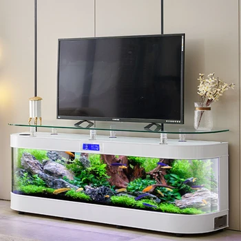 Шкаф за телевизор, стъклен аквариум с рибки, Умен аквариум за всекидневна Домашна среда, на Околната среда Смяна на водата, Доставка до дома Изображение