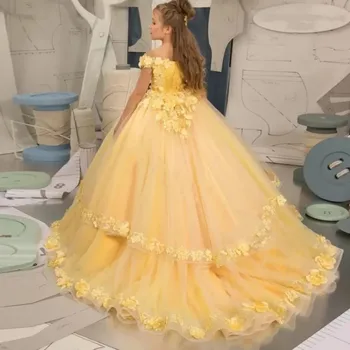2023 Великолепна рокля с цветя модел за момичета, Пухкави апликации, Първо Причастие, рожден Ден, Сватба, Вечерни представа за момичета, Подаръци за деца Изображение
