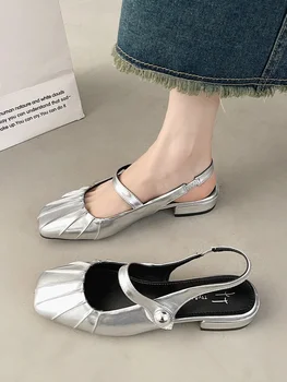 2023 Сандали, Дамски обувки със среден размер, Годишен женски костюм на обувки Mary Jane с малките пръсти, Бежово, Нова мода, Среден комфорт на улицата Изображение