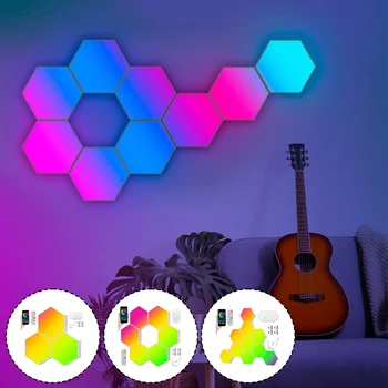 Led монтиран на стената лампа с шестоъгълни глави, интелигентен модулен лампа САМ RGB Honeycomb Light с дистанционно управление, прилагането и синхронизиране на музика за игри стая, Новост Изображение