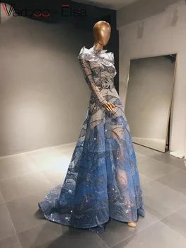 Varboo_Elsa, Луксозни вечерни рокли в синьо Трапецовидна форма с 3D цветя в Дубай, С дълги ръкави, Елегантна Жена в сватбена рокля голям размер Изображение