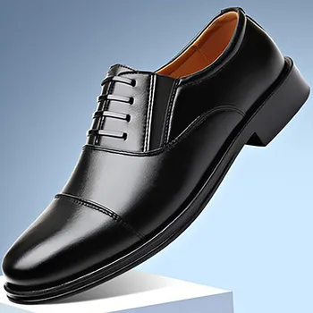 Бизнес Oxfords, Мъжки кожени обувки, Мъжки обувки в британски стил С кръгла пръсти, Дишащи Универсални ежедневните бизнес лоферы на платформа, Обувки без токчета Изображение