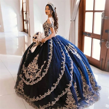 Висшата Мода Апликации На Дантела Скъпа Vestidos Принцеса Тъмно Синьо Пищни Бална Рокля Сладък Рокли Изображение