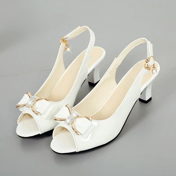 Жените красиви бели обувки от изкуствена кожа, с отворени пръсти, без закопчалка на висок ток за летни партита, дамски модни черни обувки-лодка на ток, Ново, по-Големи размери 41 42 Изображение