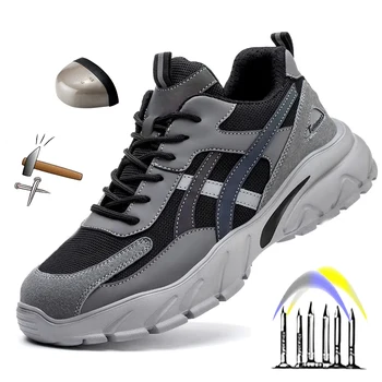 Защитни обувки за работа, нескользящие маратонки на платформа, Дишащи обувки със стоманени пръсти, Защита от пробиви, неразрушаемая защитни обувки за мъже Изображение