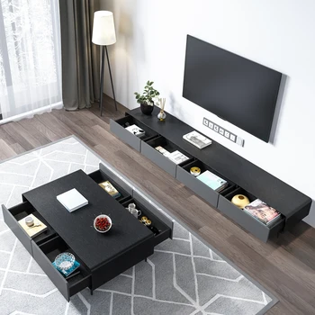 Комбинация от скандинавския TV-шкаф и журнального маса модерен минималистичен светъл луксозен черно и сиво шкаф високо тяло Изображение