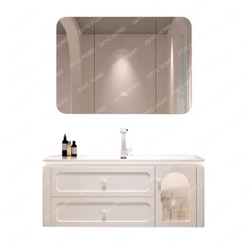 Комбиниран шкаф за баня, керамичен умивалник, модерен минималистичен мивка, шкаф за измиване в кремовом стил, баня Изображение